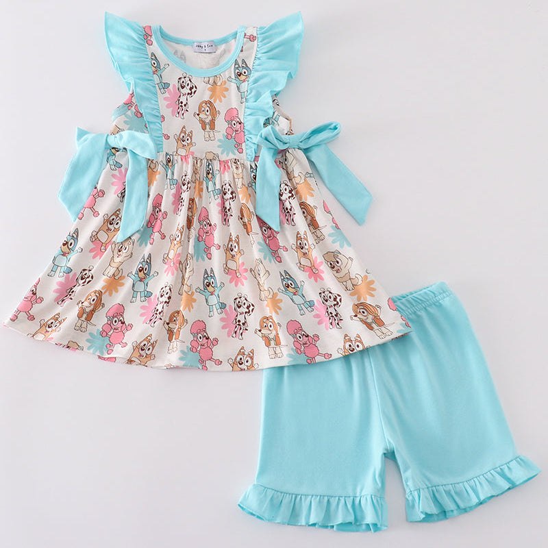 Blue Dog Character Print Ruffle Girl Shorts Set