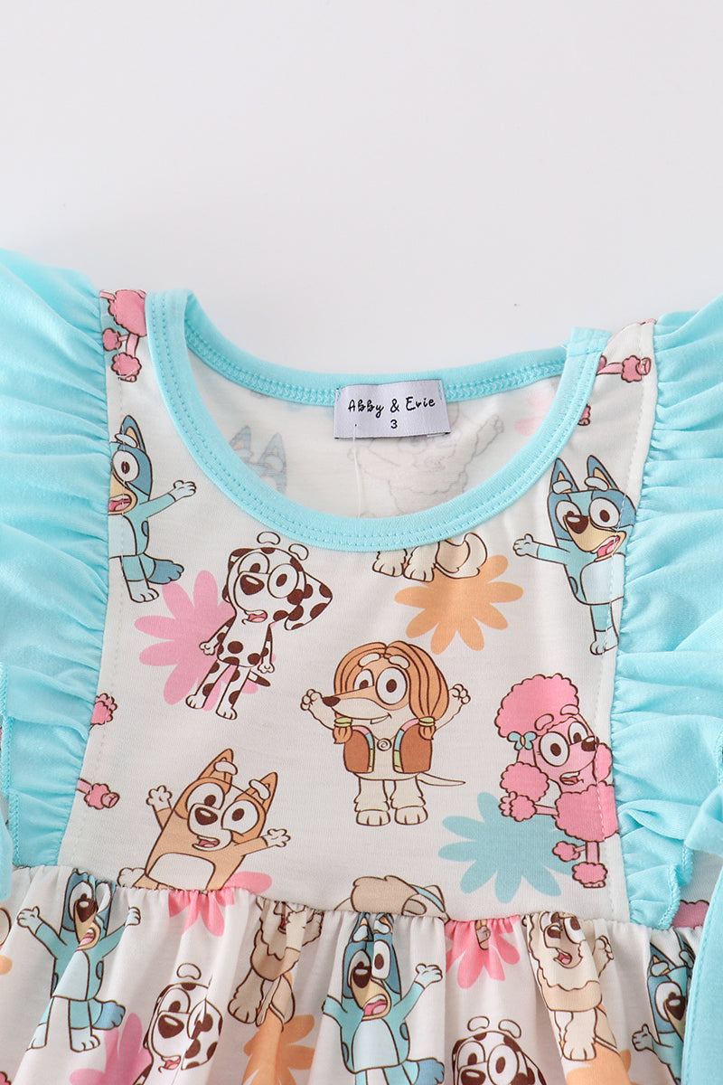 Blue Dog Character Print Ruffle Girl Shorts Set