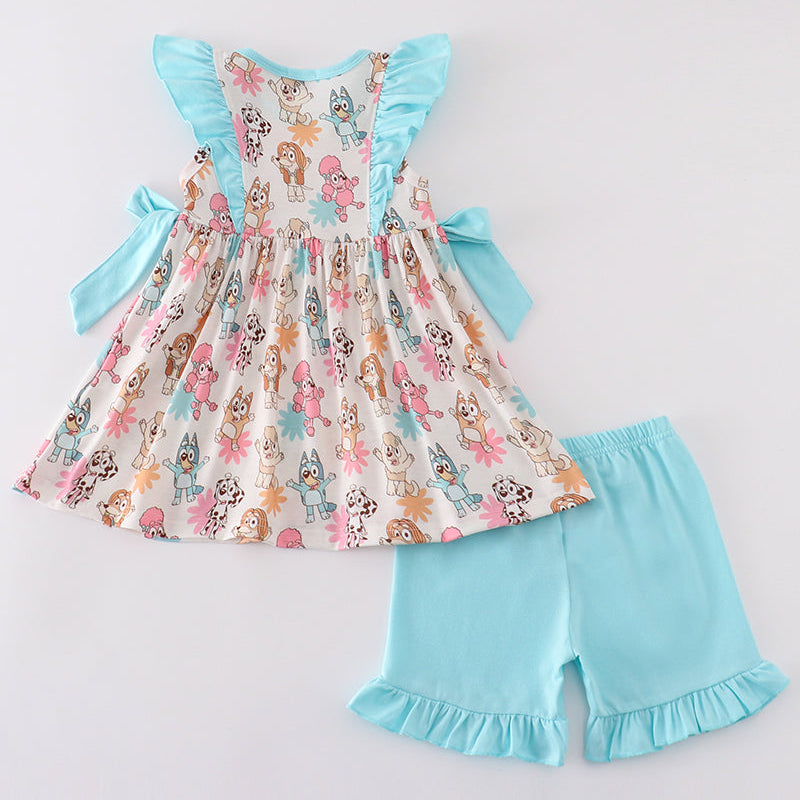 Blue Dog Character Print Ruffle Girl Shorts Set