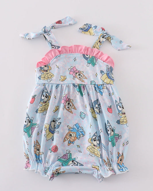 Pink Princess Blue Dog Character Print Ruffle Girl Bubble