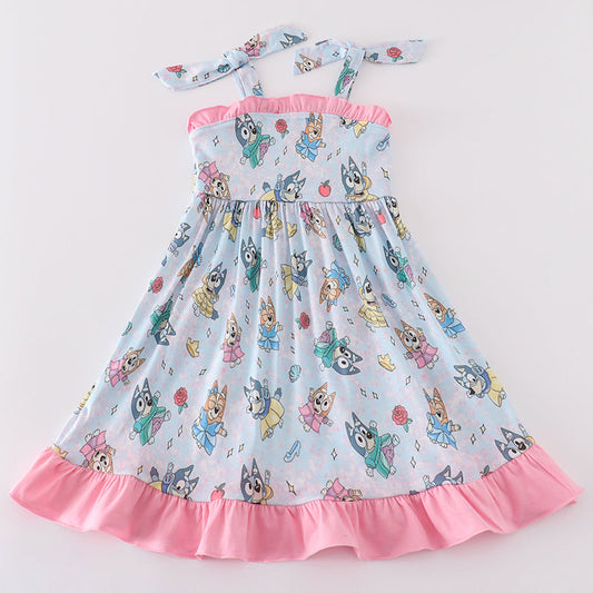 Princess Blue Dog Character Print Pink Ruffle Dress