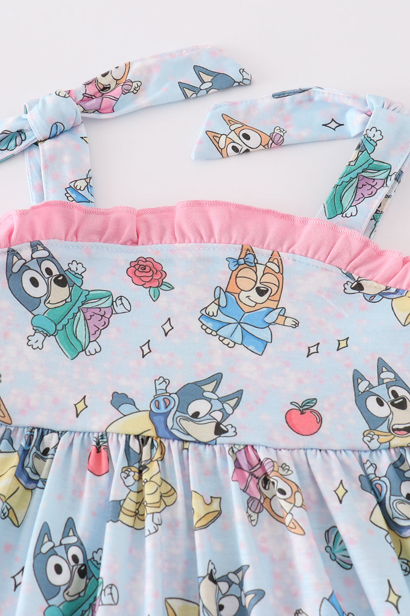 Princess Blue Dog Character Print Pink Ruffle Dress