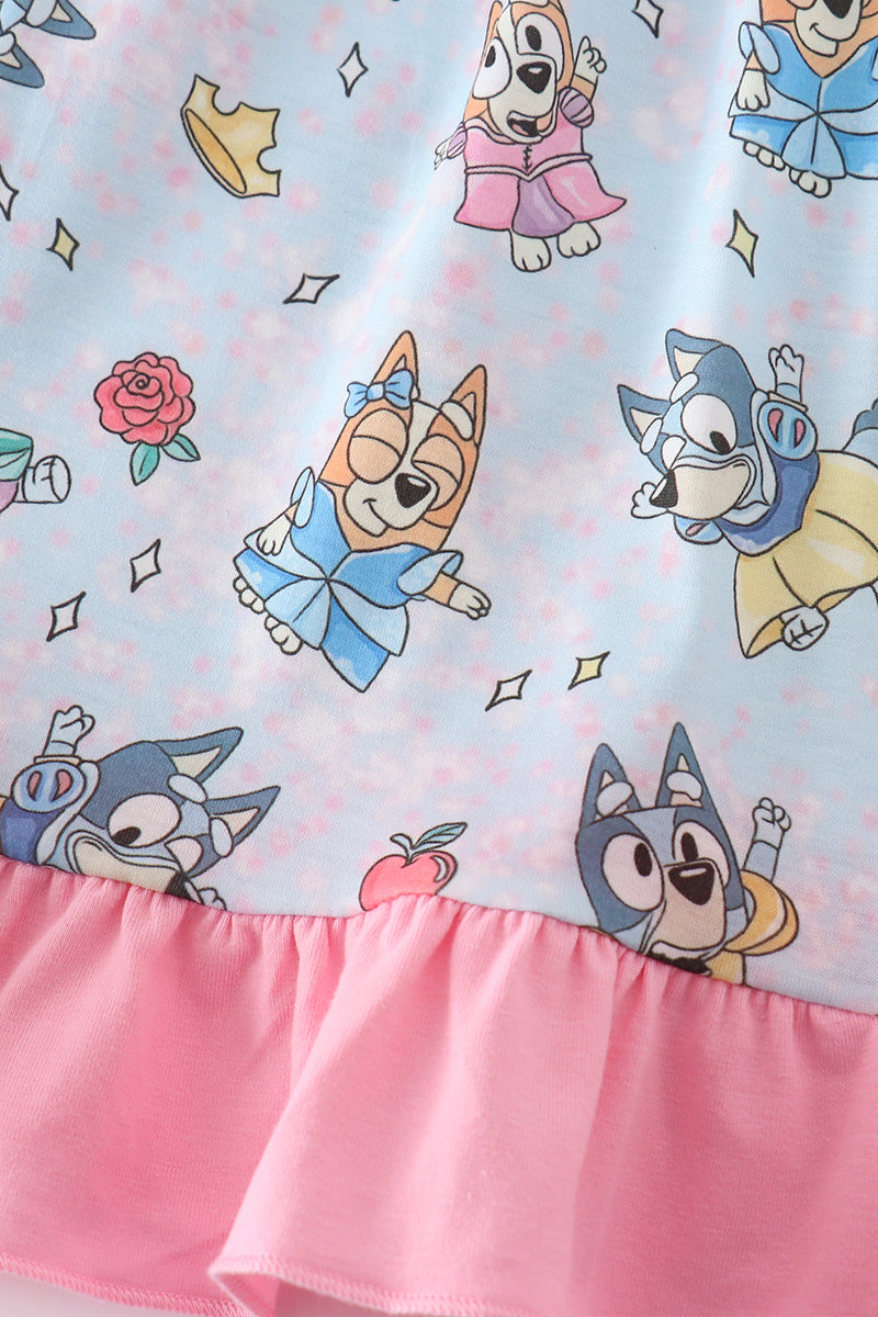 Princess Blue Dog Character Print Pink Ruffle Dress