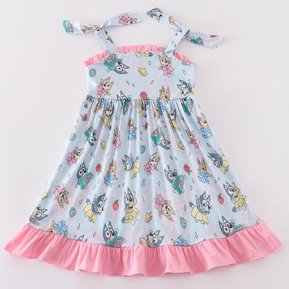 Princess Blue Dog Character Print Pink Ruffle Dress