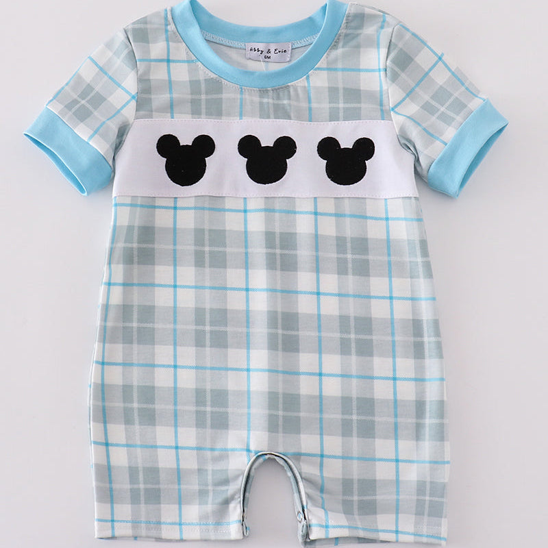 Mouse Character Embroidered Blue Plaid Boy Romper