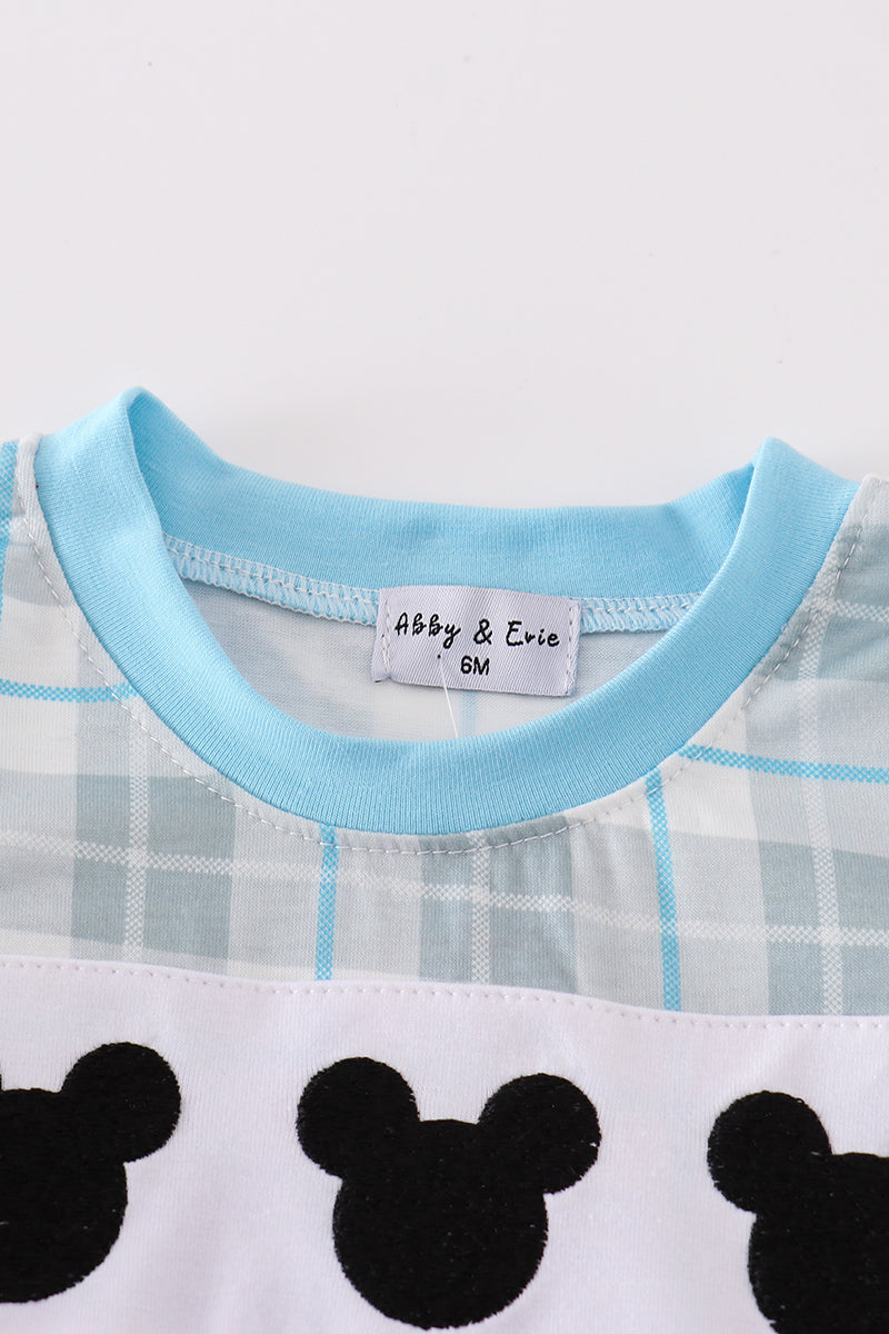 Mouse Character Embroidered Blue Plaid Boy Romper