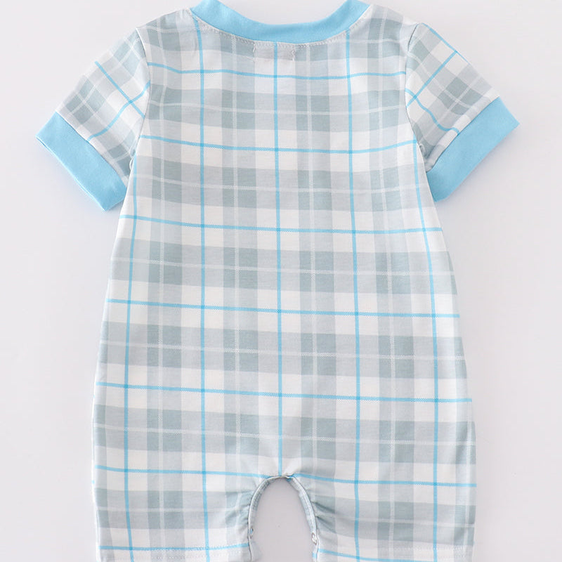 Mouse Character Embroidered Blue Plaid Boy Romper