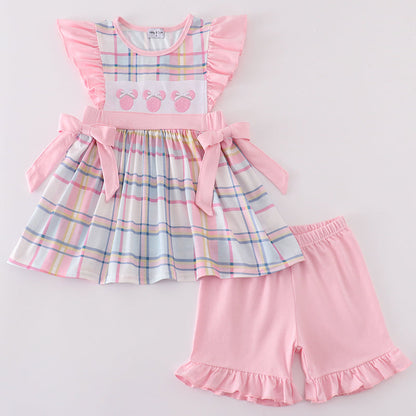 Mouse Character Embroidered Pink Plaid Girl Shorts Set