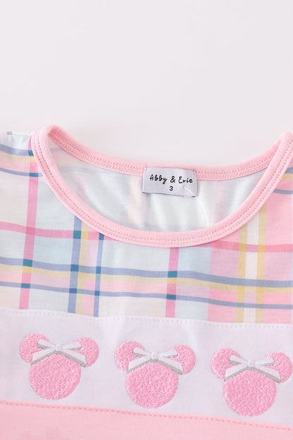 Mouse Character Embroidered Pink Plaid Girl Shorts Set