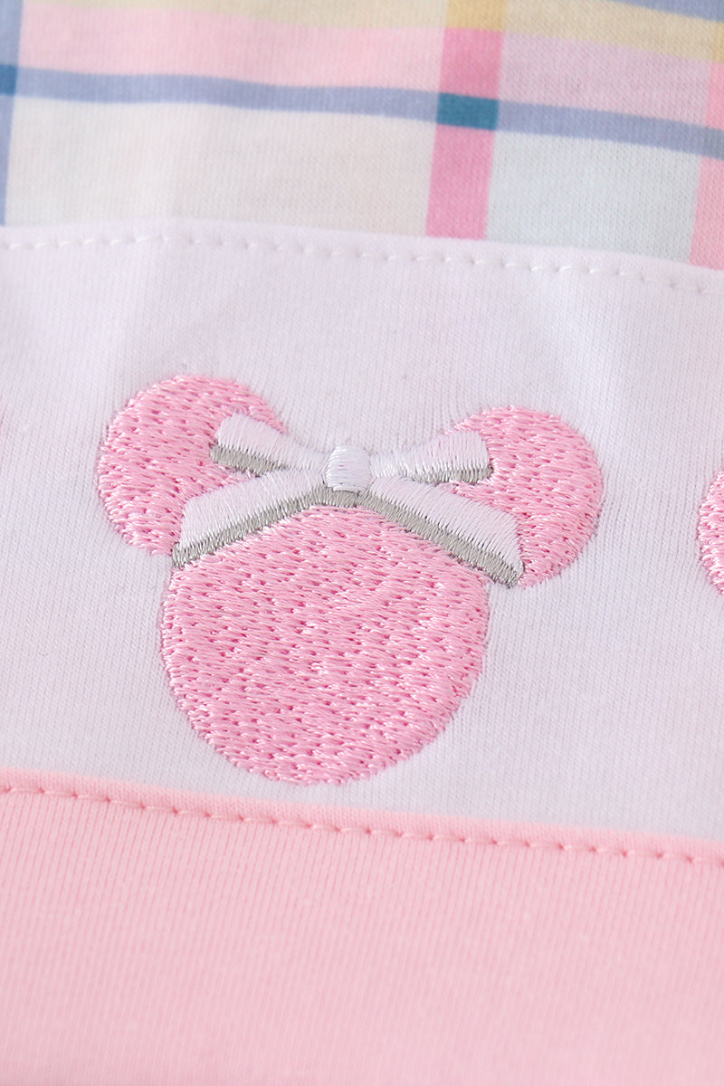 Mouse Character Embroidered Pink Plaid Girl Shorts Set