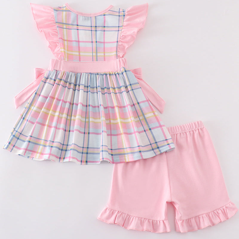 Mouse Character Embroidered Pink Plaid Girl Shorts Set