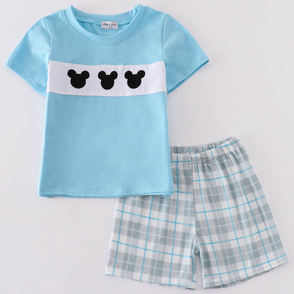 Mouse Character Embroidered Blue Plaid Boy Set