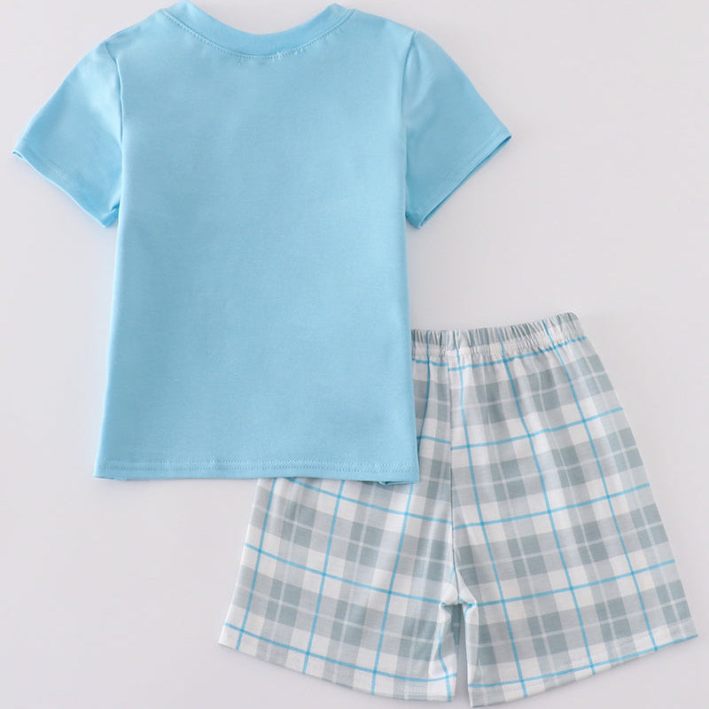 Mouse Character Embroidered Blue Plaid Boy Set