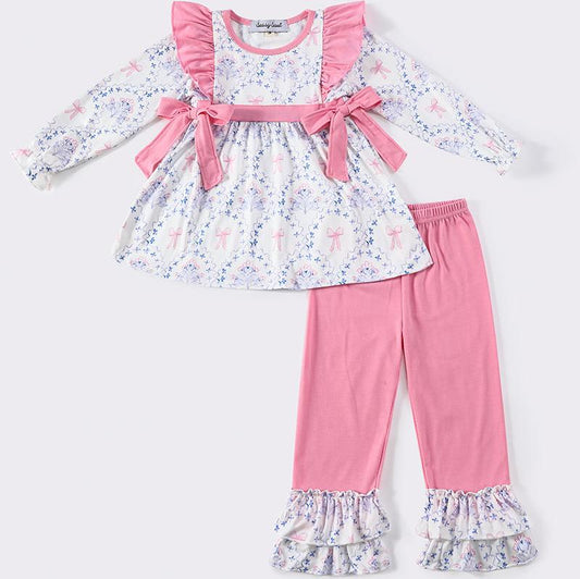 Claire Pink Bow Floral Print Girl Pants Set