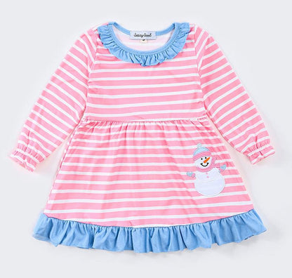 Snowman Applique Pink Stripe Dress