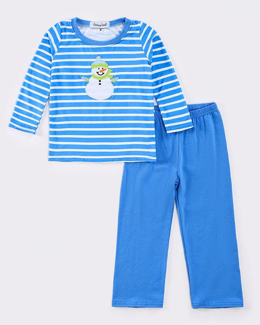 Snowman Applique Blue Stripe Boy Set