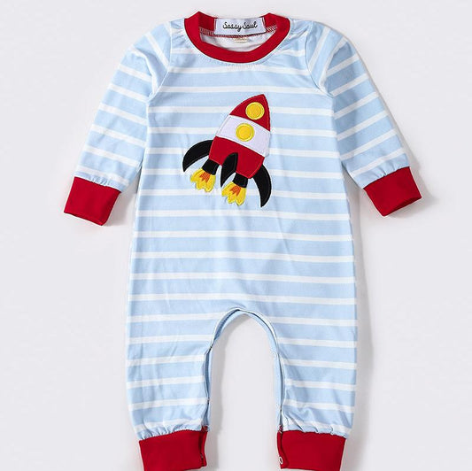 Rocket Applique Striped Boy Romper