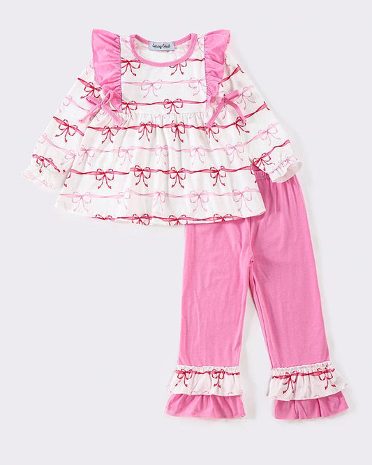 Cara Pink Stripe Bow Print Girl Pants Set