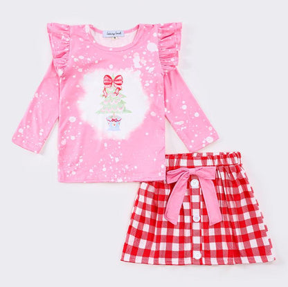 Pink Christmas Tree Print Red Skirt Set