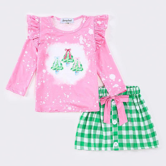 Pink Christmas Trees Print Girl Skirt Set