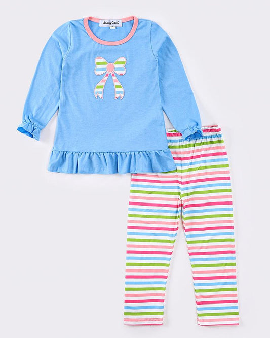 Striped Bow Applique Blue Girl Set