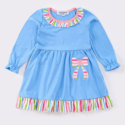 Striped Bow Applique Blue Dress