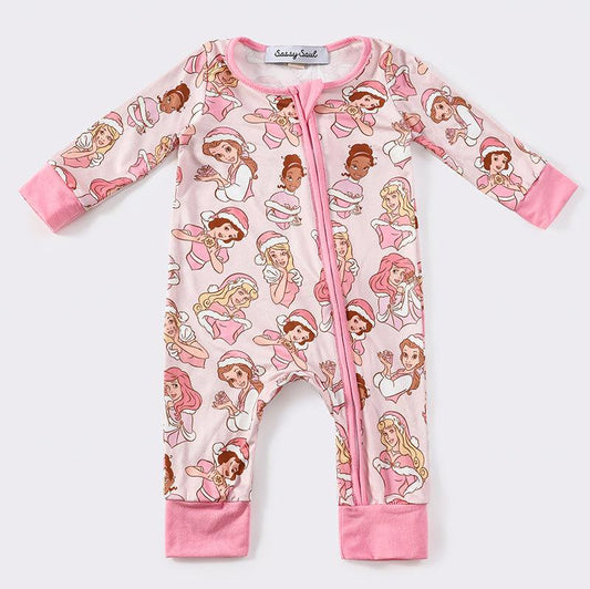 Pink Christmas Princess Print Zippy Baby Romper