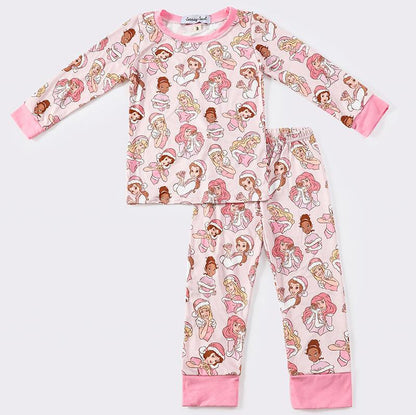 Pink Christmas Princess Print Girl Pajamas Set