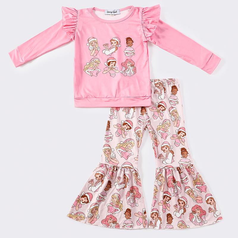 Pink Christmas Princess Print Bell Pants Set