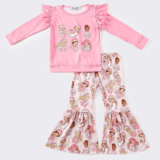 Pink Christmas Princess Print Bell Pants Set