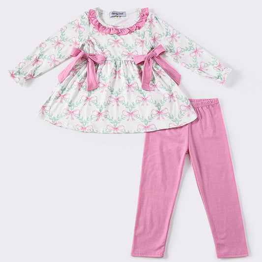 Claire Pink Bow Floral Print Girl Set