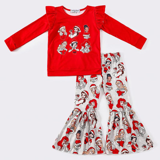 Red Christmas Princess Print Bell Pants Set