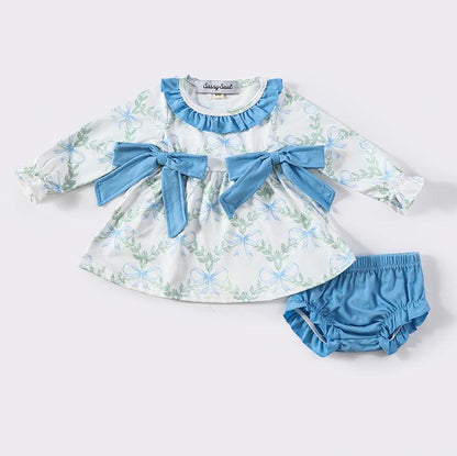 Claire Teal Bow Floral Print Baby Girl Set