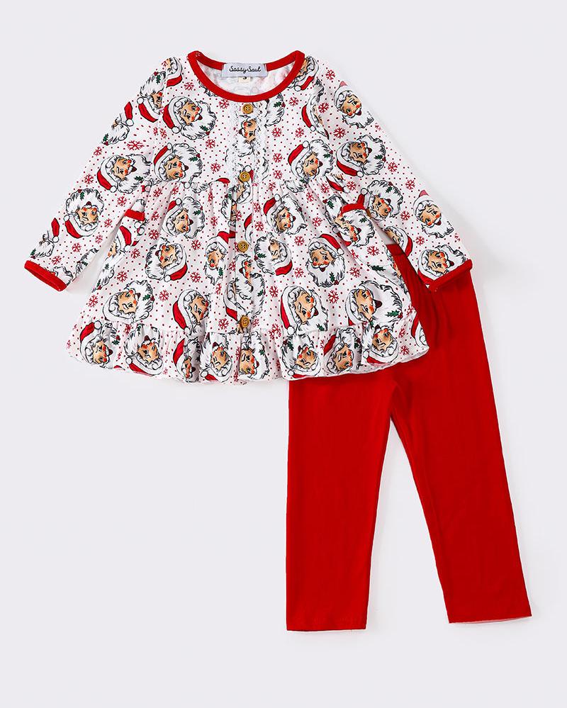 Santa Wonderland Print Red Girl Pants Set