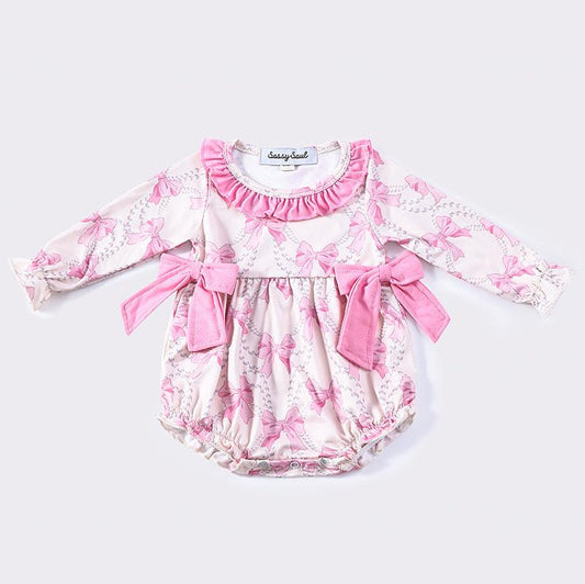 Liza Pink Bow Print Ruffle Baby Bubble