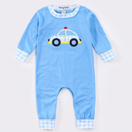 Blue Police Car Applique Boy Romper