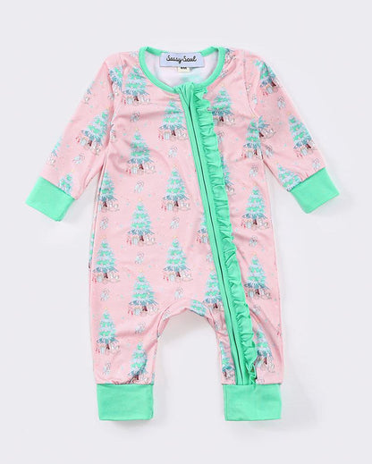 Pink Christmas Tree Print Girl Romper