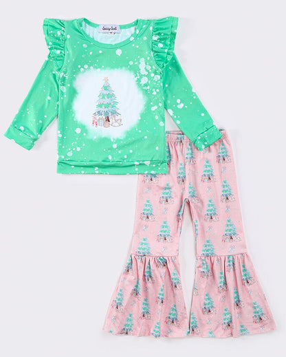 Pink Christmas Tree Print Girl Bell Pants Set