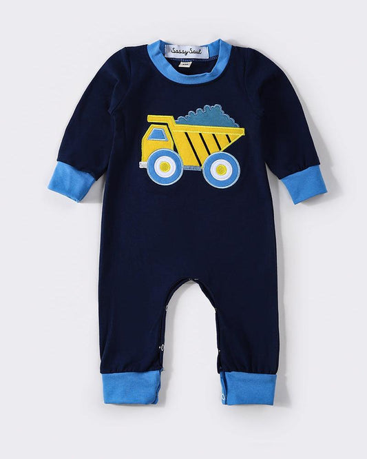 Navy Dump Truck Applique Boy Romper