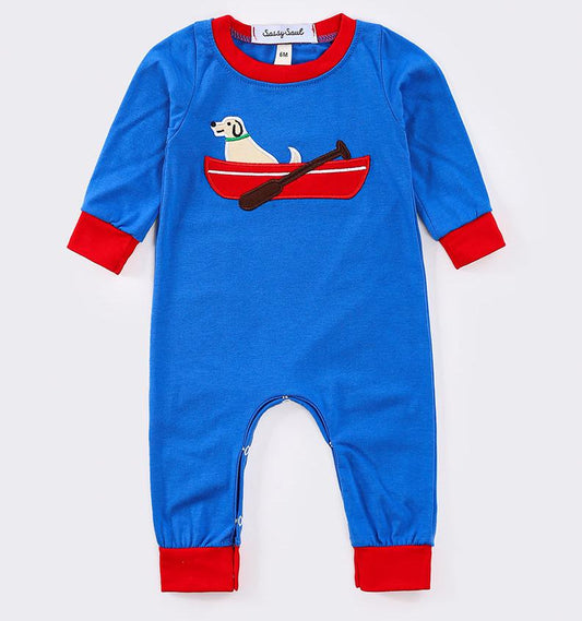 Fishing Dog Applique Blue Boy Romper