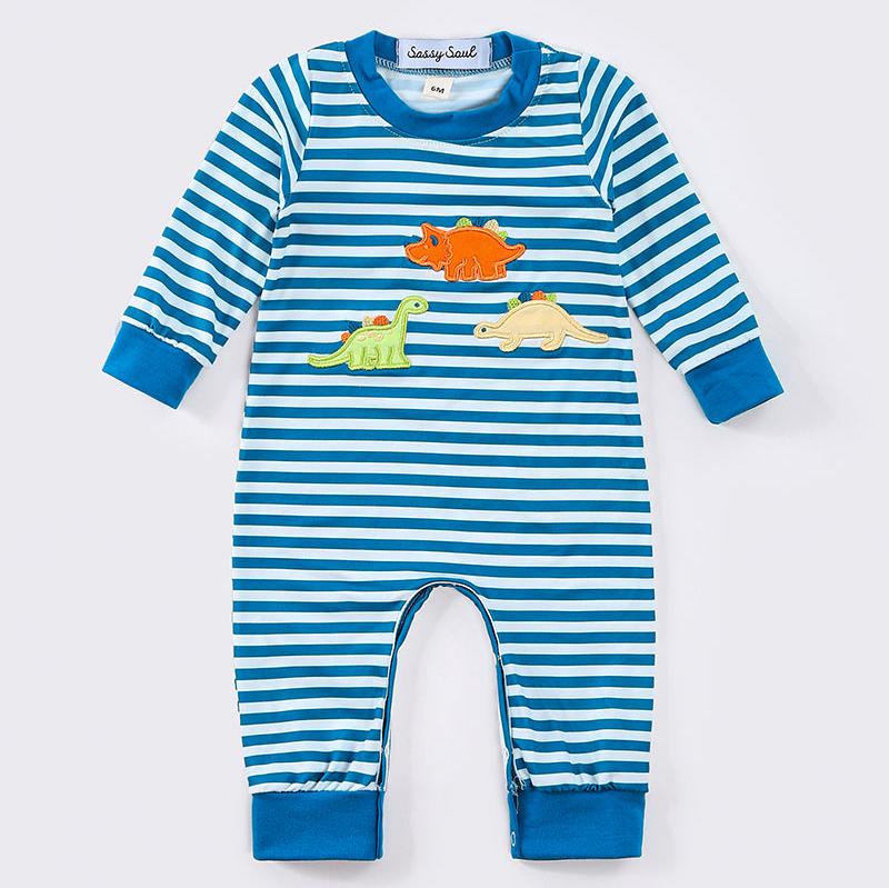 Dinosaur Applique Blue Stripe Boy Romper