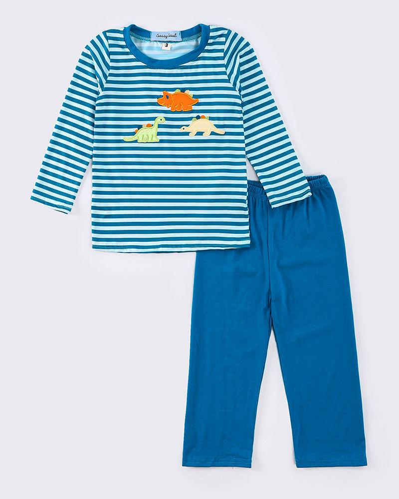 Dinosaur Applique Blue Stripe Boy Set