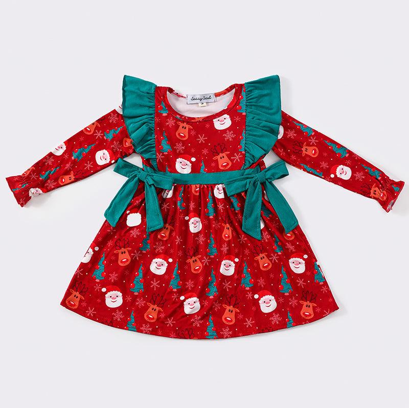 Red Christmas Print Ruffle Dress