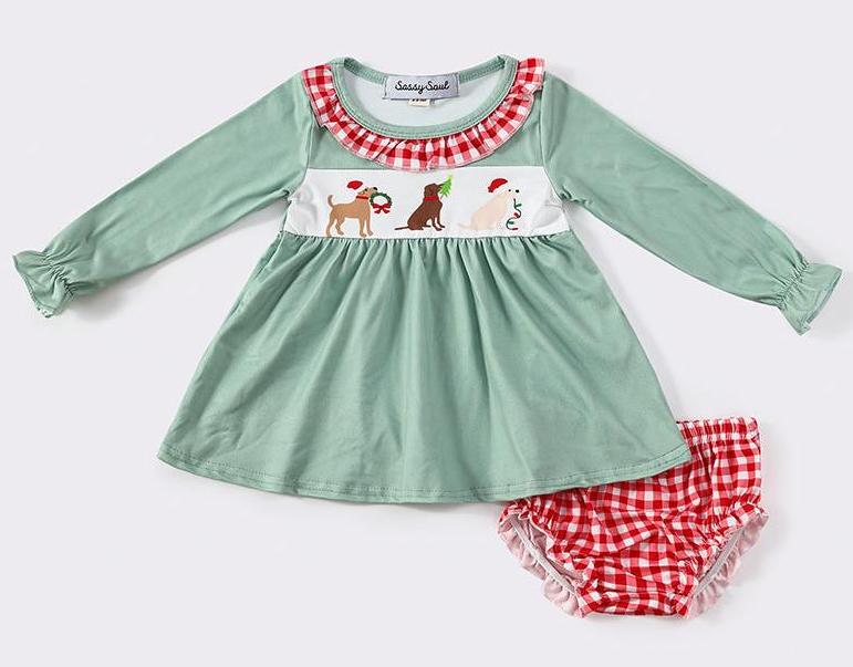 Green Christmas Puppy Print Gingham Baby Girl Set