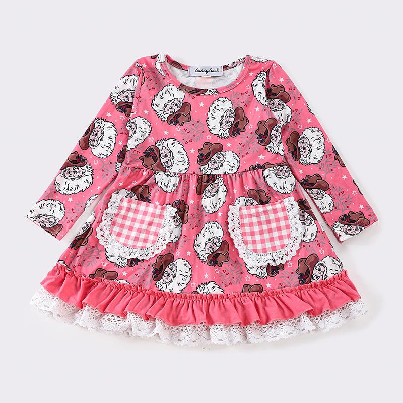 Western Santa Print Pink Ruffle Dress