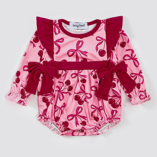 Cherry Bow Print Pink Baby Bubble