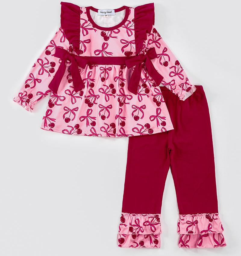 Cherry Bow Print Pink Girl Pants Set