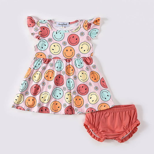 Pink Smile Print Girl Bloomers Set