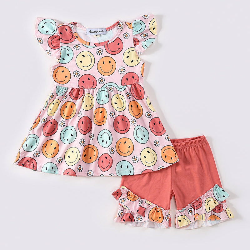 Pink Smile Print Girl Shorts Set