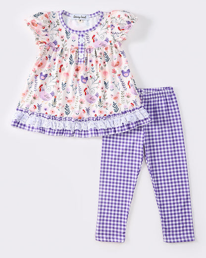 Farm Chicken Print Purple Plaid Girl Set